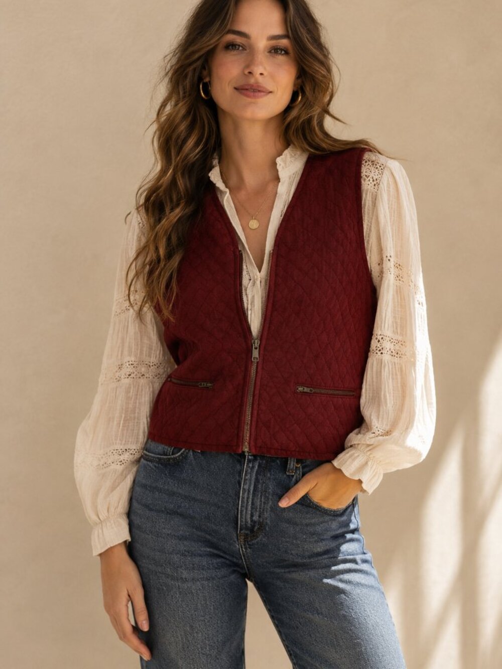 Vintage Pendleton Red Cotton Quilted Full Zip Vest Size 14